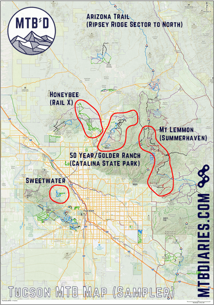 Tucson Mountain Bike trail map. Five areas to check out including 50 Year/Golder Ranch, Honeybee, Sweetwater, Mt. Lemmon, and the AZT.