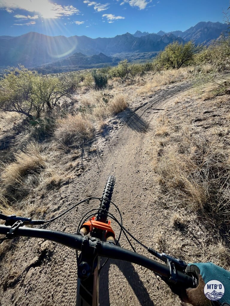 Mountain biker leaning into turn on Lower 50 Year Trail with Baby Jesus Peak and Santa Catalina Mountains visible in background near Tucson Arizona