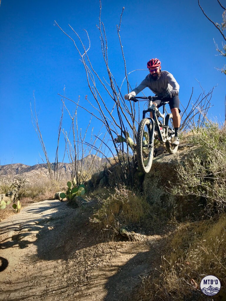 Mountain biker dropping off granite slab feature on Upper 50 Year Trail in Tucson's Catalina Mountains