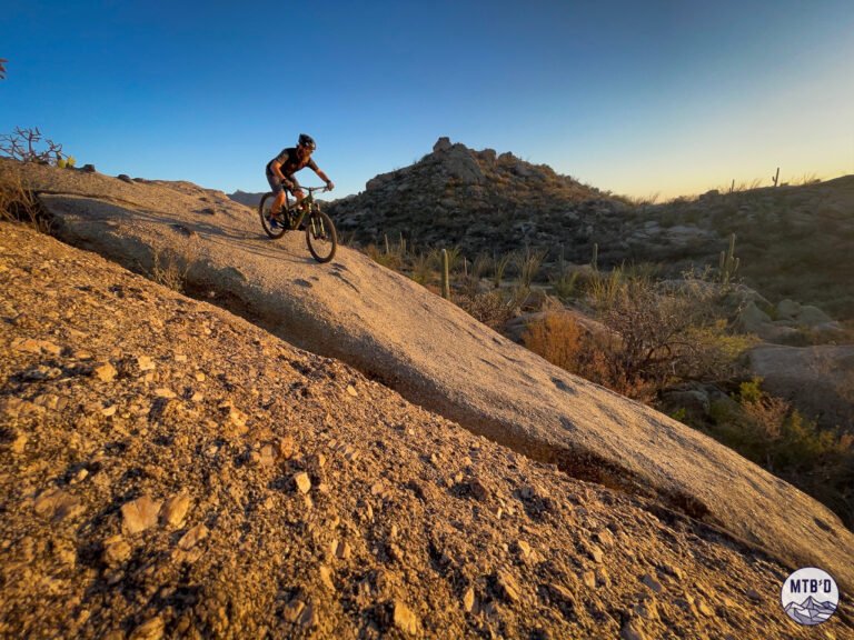 Granite slab section on Upper 50 Year Trail in Tucson's Catalina Mountains showing technical riding on large natural features