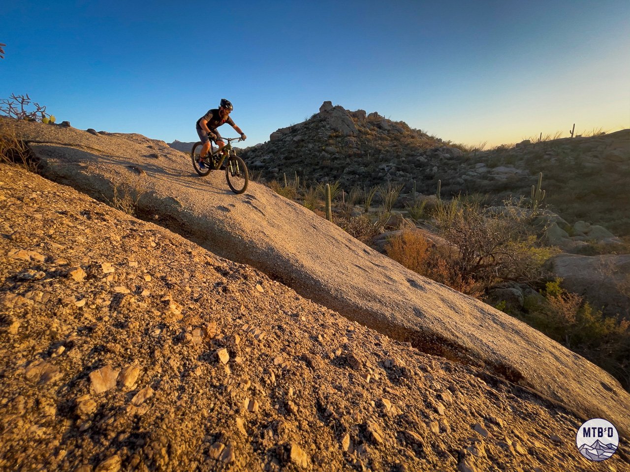 Granite slab section on Upper 50 Year Trail in Tucson's Catalina Mountains showing technical riding on large natural features