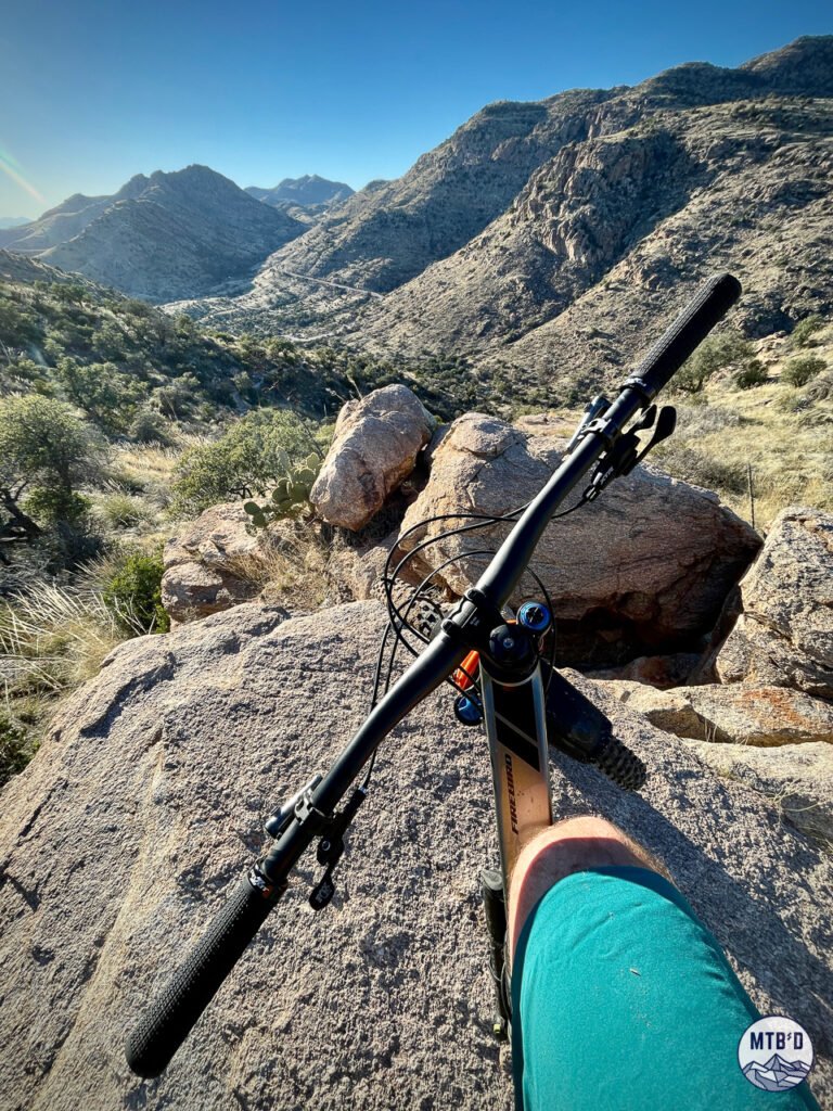 View back toward Molino Basin trailhead from the Arizona Trail Bellota sector hike-a-bike section on the approach to La Milagrosa, Mt. Lemmon Tucson Arizona