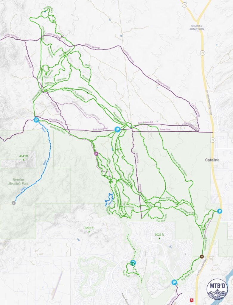 Trail map of Honeybee Canyon and Rail X Ranch mountain bike trail network, Tucson Arizona