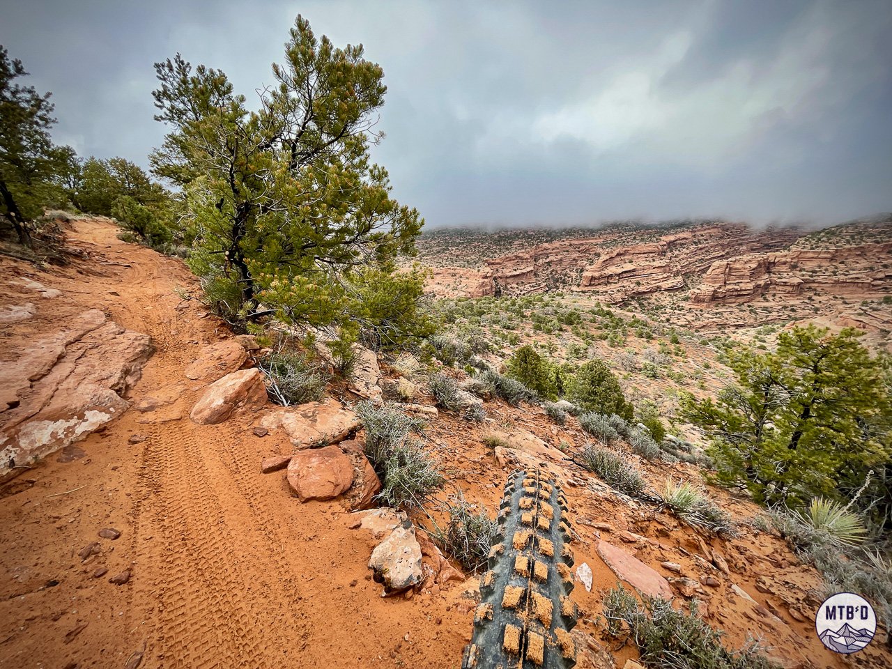Mountain bike handlebars on Falcon Trail with red dirt on tires on a stormy day, Moab Utah