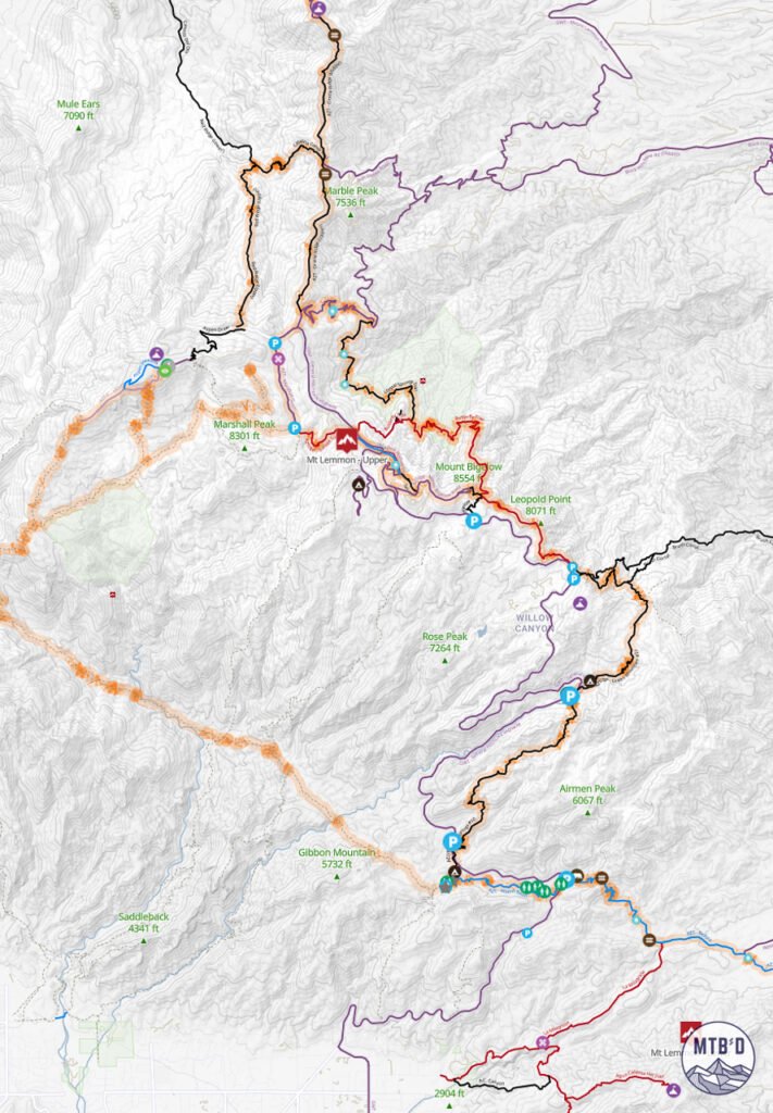 Trail map of Mt. Lemmon mountain bike trail network including Bug Springs, La Milagrosa and surrounding trails in the Santa Catalina Mountains Tucson Arizona