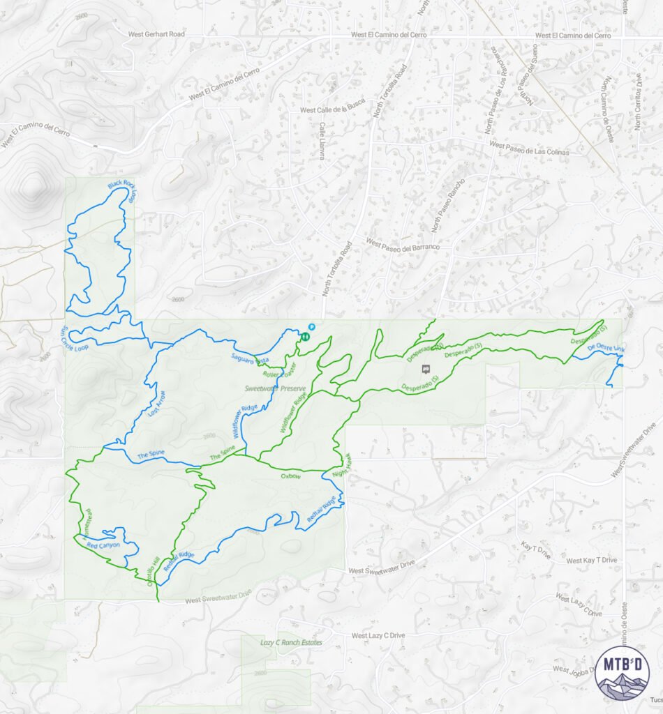 Sweetwater Preserve mountain bike network map. Trail map showing MTB trails near Tucson, Arizona.