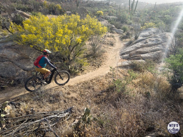Mountain biker on a Class 1 eMTB rental descending desert singletrack near Tucson, Arizona