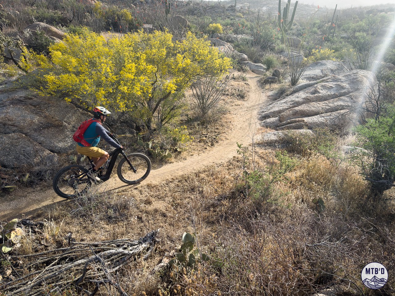 Mountain biker on a Class 1 eMTB rental descending desert singletrack near Tucson, Arizona